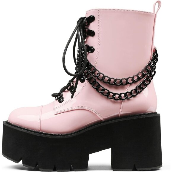 ⚡Women’s 4pink Combat Lightweight Side Zipper Ankle High Heel Chunky Boots - Picture 2 of 6